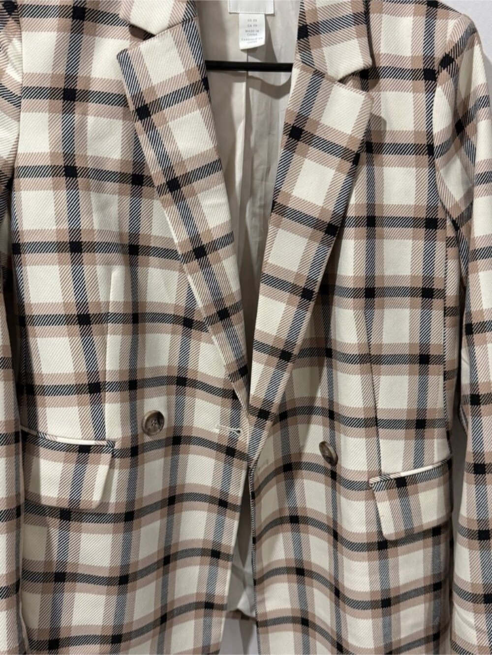 H&M Plaid Blazer Jacket | Beige & Black Check | XS - Picture 4 of 9